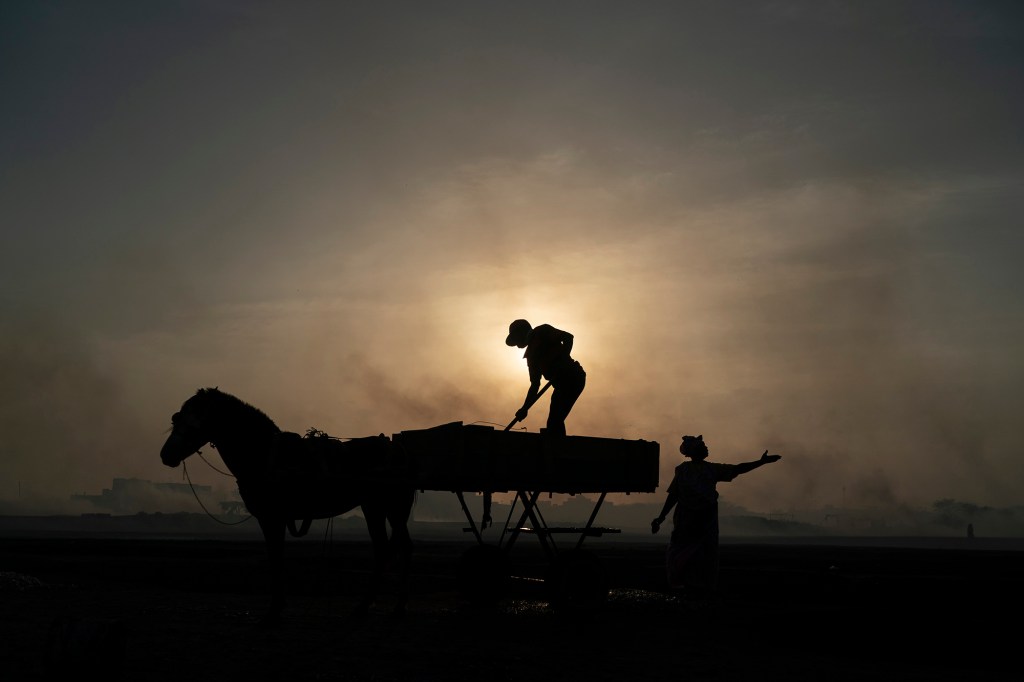 A woman gestures as a man unloads his horse-drawn cart of the catch brought by fishermen at Bargny beach, 22 miles east of Dakar, Senegal, Thursday April 22, 2021.