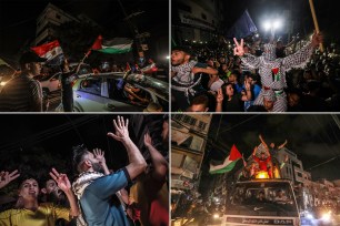 Palestinians celebrate after a ceasefire between Israel and Gaza fighters, in Gaza City