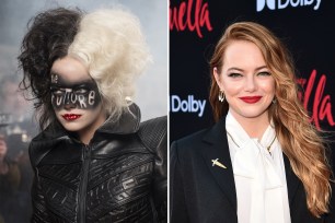 Emma Stone unveils the villain’s’ humble beginnings in Disney’s “Cruella” while sporting a slew of stunning looks, including a graphic “The Future” makeup moment inspired by the Sex Pistols’ 1977 album Never Mind The Bollocks.