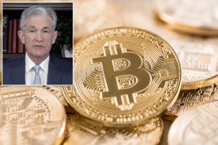 Jerome Powell and an illustration of cryptocurrency.