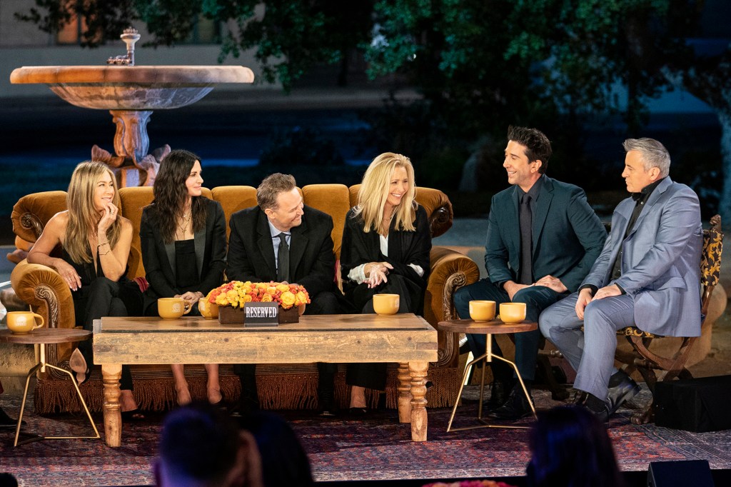 Jennifer Aniston, Courteney Cox, Matthew Perry, Lisa Kudrow, David Schwimmer and Matt LeBlanc on the set of "Friends: The Reunion."