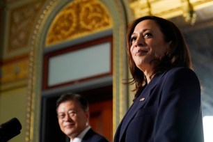 Vice President Kamala Harris meets with South Korean President Moon Jae-in in the ceremonial office in Eisenhower Executive Office Building, on May 21, 2021.