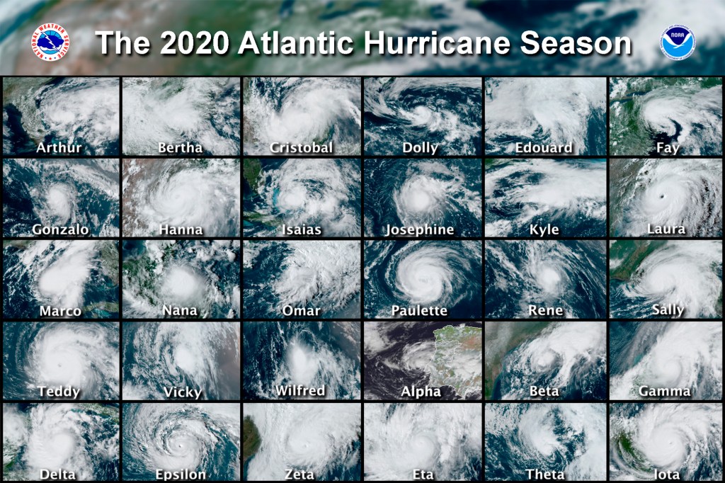 This combination of satellite images provided by the National Hurricane Center shows 30 hurricanes which occurred during the 2020 Atlantic hurricane season. 