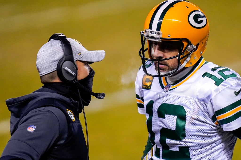 Aaron Rodgers and Packers coach Matt LaFleur on Jan. 3, 2021