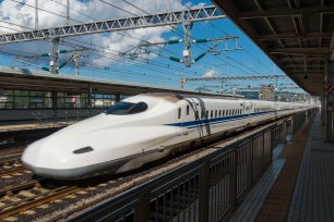 A bullet train at Odawara station in the Kanagawa Prefecture, Japan.