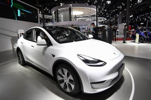 A Tesla Model Y car on display during the 19th Shanghai International Automobile Industry Exhibition on April 21.