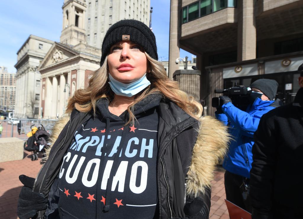 Tracy Alvino, whose father died of COVID-19 at a Long Island nursing home, at a protest calling for the impeachment of Gov. Cuomo in Manhattan on February 17, 2021.