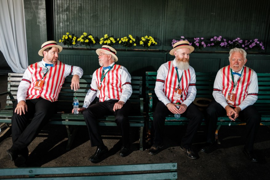 From left: Mart Gallagher, 40s Doug Brown, 67 Mark Paul, 57 Pat Kelly, 70, during the Belmont Stakes.