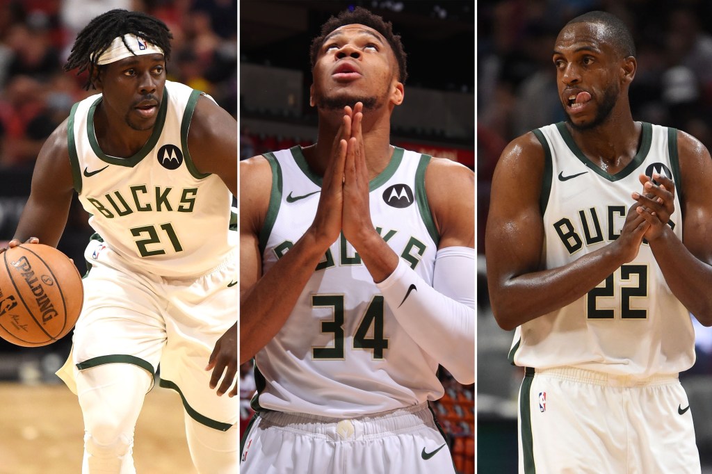 Jrue Holiday, Giannis Antetokounmpo and Khris Middleton