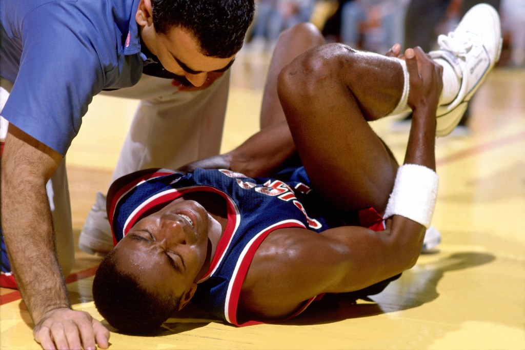 Isiah Thomas after hurting his ankle in 1988.
