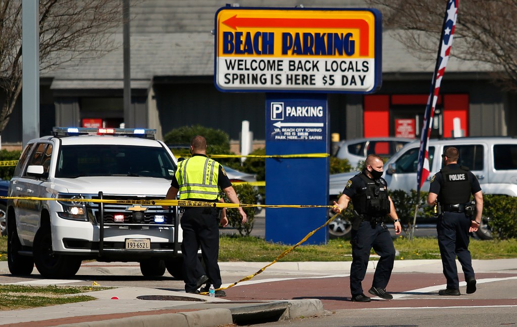 Virginia Beach police at the scene of where Donovan Lynch was shot by a police officer on March 27, 2021.