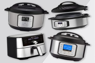 A collage of InstantPots on a gray background