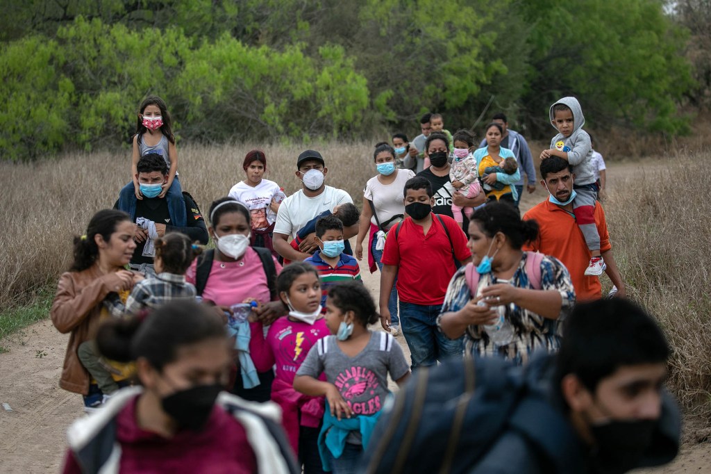 Asylum seekers at a checkpoint on the US-Mexico border near Mission, Texas, in March 2021. 