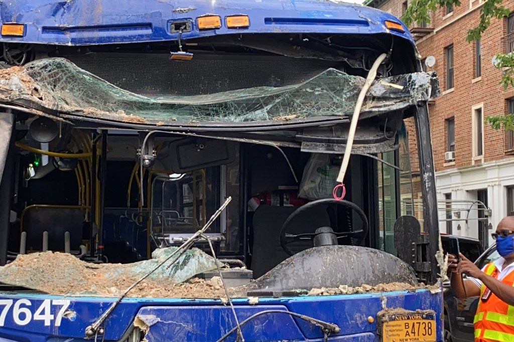 The bus's mangled windshield
