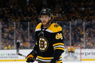 David Pastrnak skates with the Bruins in the 2021 playoffs.