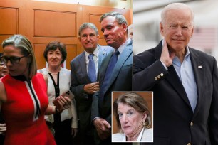 U.S. Senators Mitt Romney, Kyrsten Sinema, Susan Collins, Joe Manchin and Mark Warner depart after attending a bipartisan work group meeting on an infrastructure bill at the U.S. Capitol in Washington, U.S., June 8, 2021.