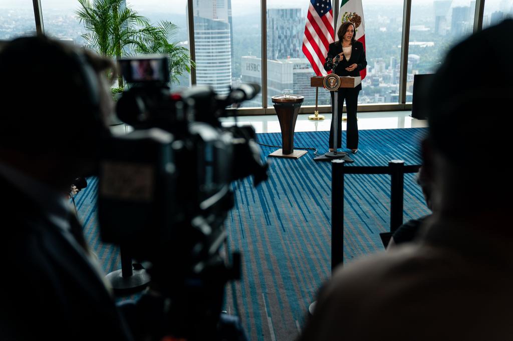 Vice President Kamala Harris speaks during a news conference.