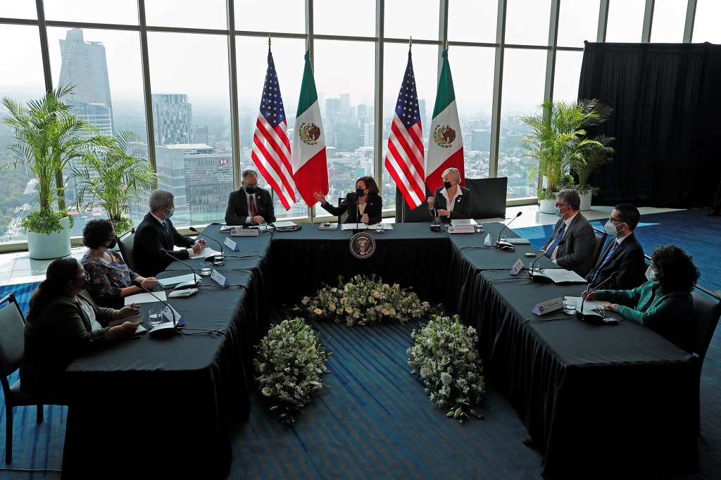 Vice President Kamala Harris (center) meets with union leaders in Mexico City, Mexico, on June 8, 2021.