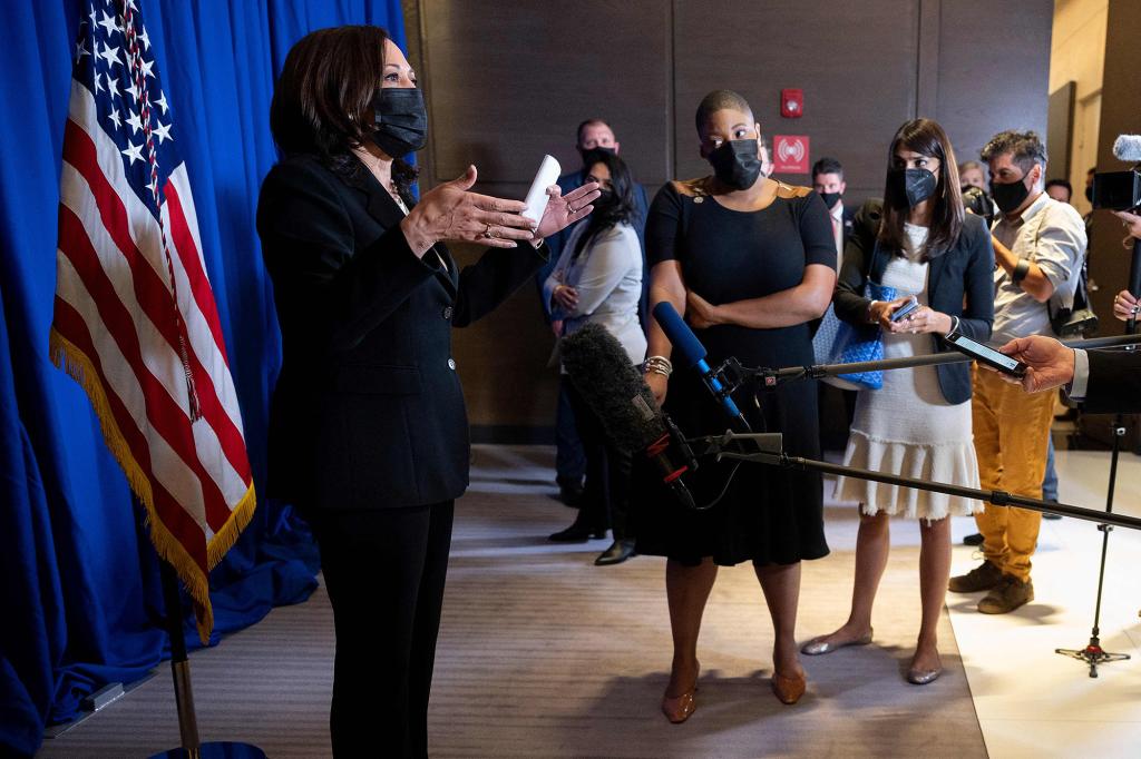 US Vice President Kamala Harris speaks to the press after her bilateral meeting with Mexican President Andrés Manuel López Obrador in Mexico City