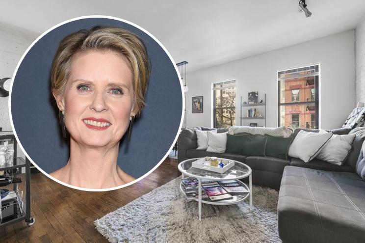 An inset of Cynthia Nixon over the living room of her new home.