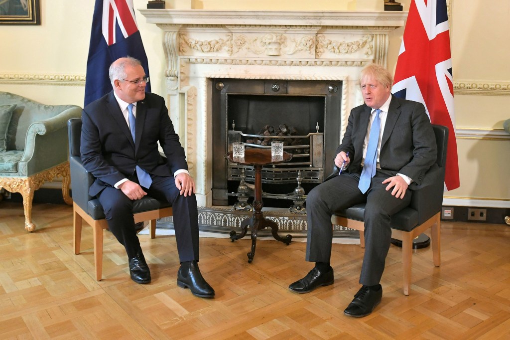 Britain's Prime Minister Boris Johnson and Australia's Prime Minister Scott Morrison.