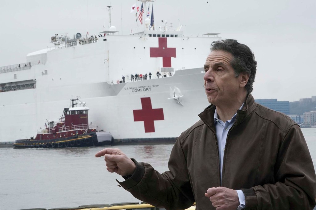 Gov. Andrew Cuomo speaking as the USNS Comfort arrives in Manhattan on March 30, 2020.