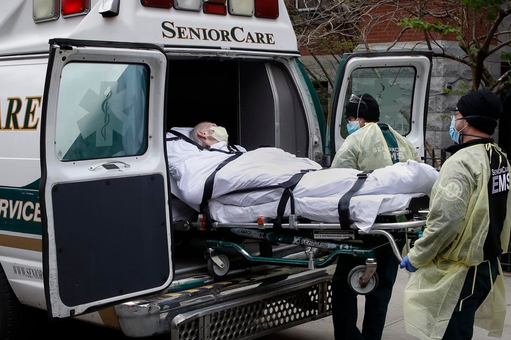 A patient from Cobble Hill Health Center in the Brooklyn getting loaded onto an ambulance on April 17, 2020.