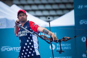 Brady Ellison of USA during the Men's recurve finals during the Hyundai Archery World Cup 2021 Stage 3 on June 27, 2021 in Paris, France.