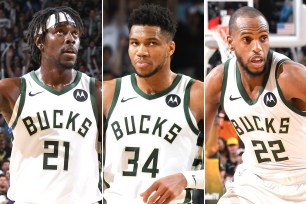 Jrue Holiday, Giannis Antetokounmpo and Khris Middleton