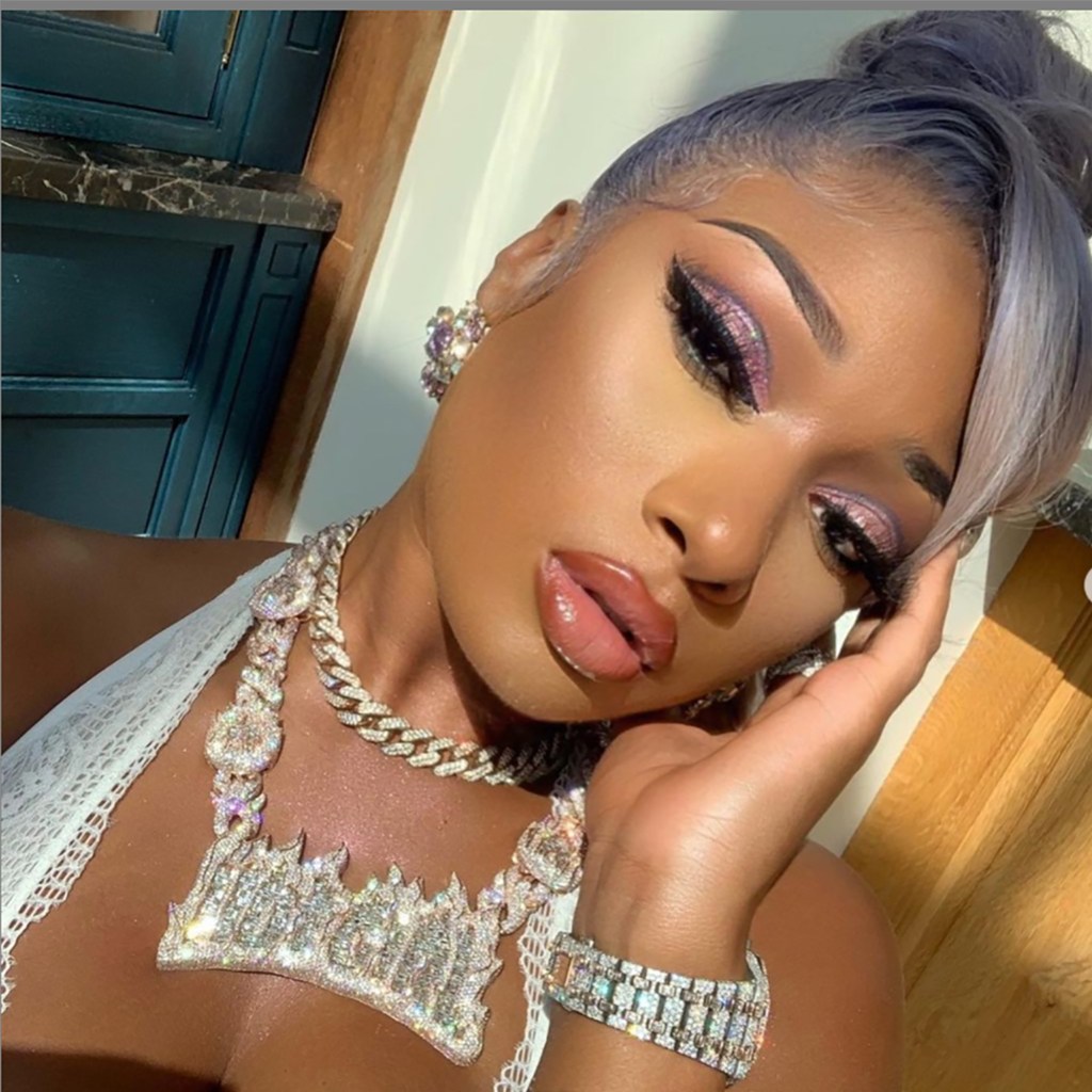 Megan Thee Stallion sporting her "Hot Girl" necklace