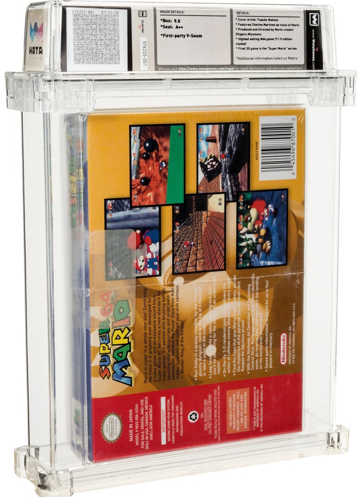 The back of the sealed Mario 64 box seen on display in the Wata-graded protection.