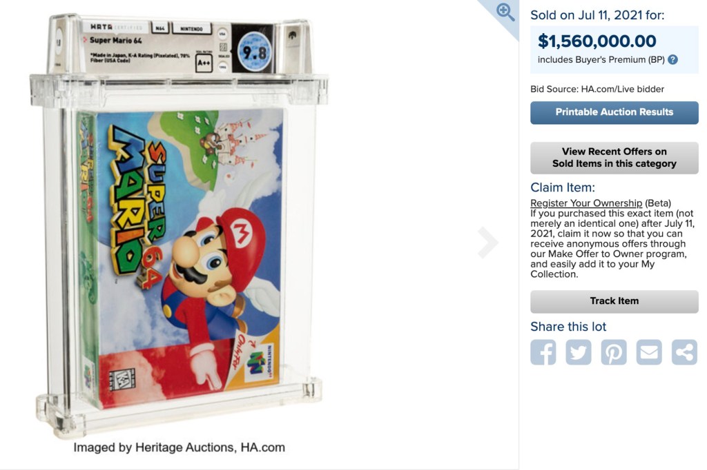 The Wata-graded 9.8 A++ Sealed copy of Super Mario 64 that sold for $1.5M.