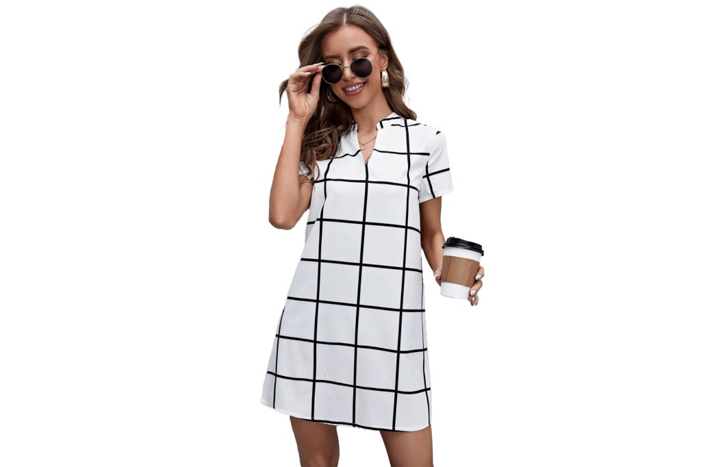 SHEIN Notched Neck Grid Tunic Dress, white/black