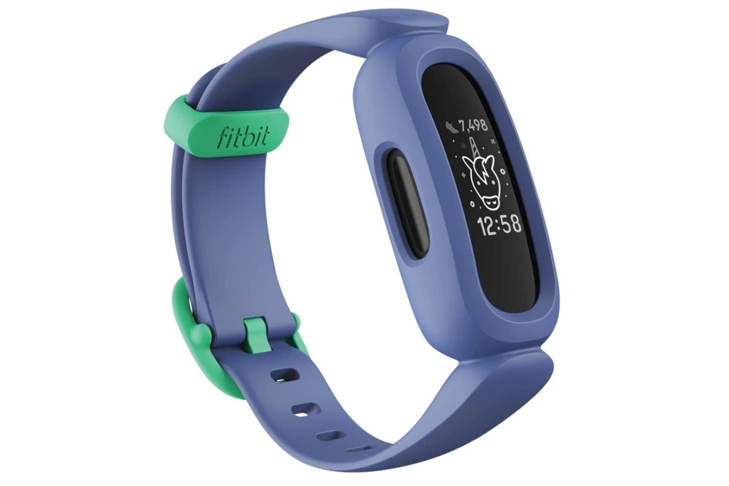 A kid's FitBit in purple and green 