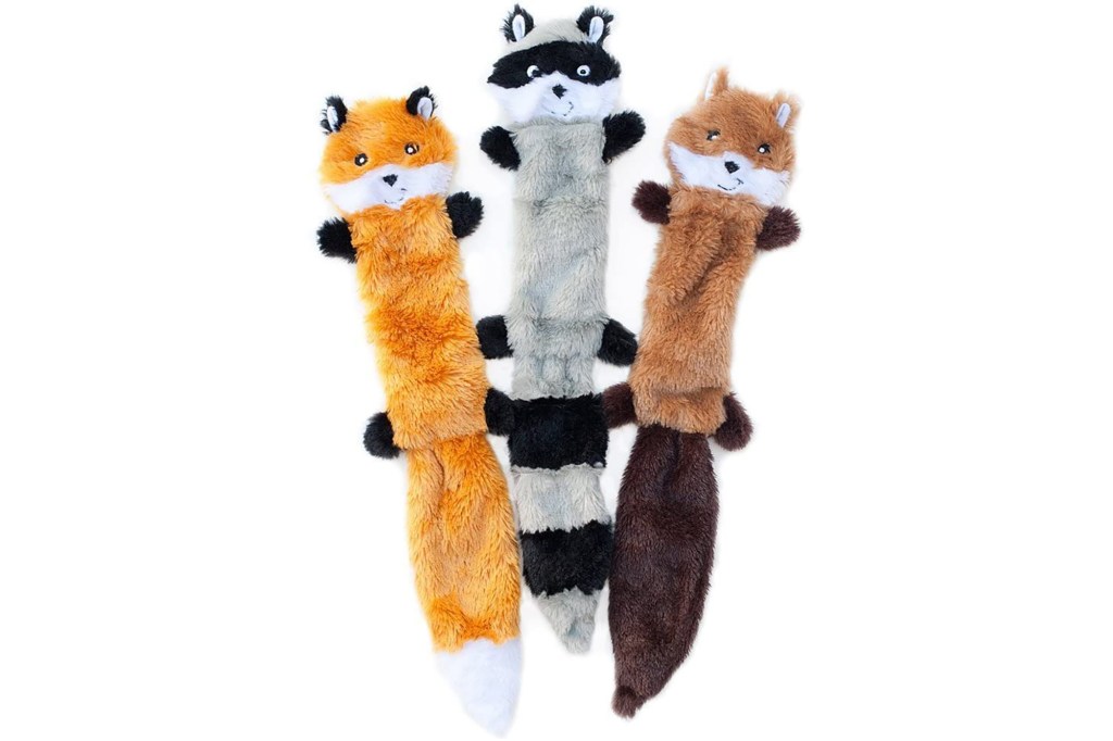 A set of three animal shaped dog toys 