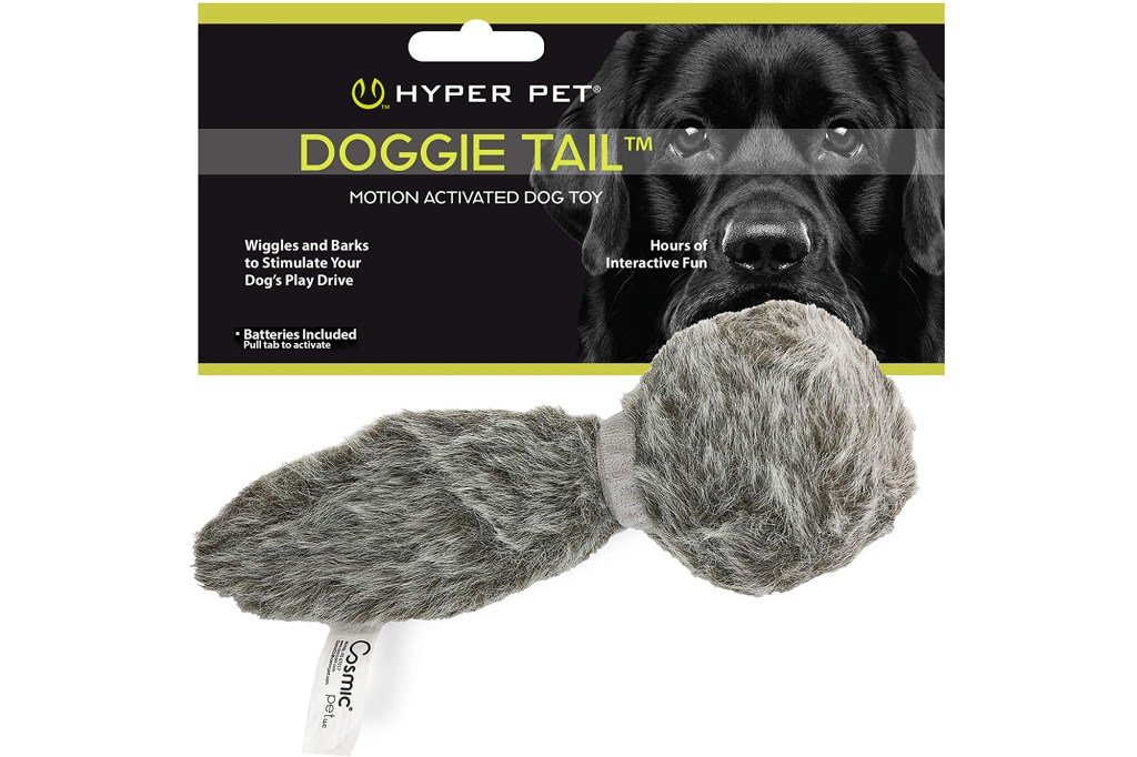 A Hyper Pet brand dog toy shaped like a ball and a grey tail 