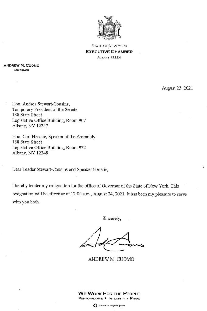 Cuomo finally submitted his resignation letter on Monday.