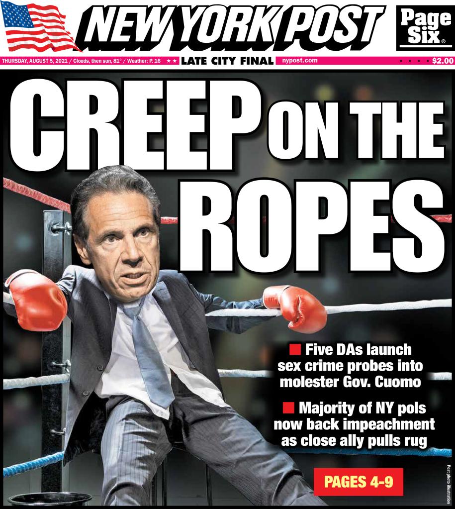 New York Gov. Andrew Cuomo featured on the August 5, 2021 edition of The Post.