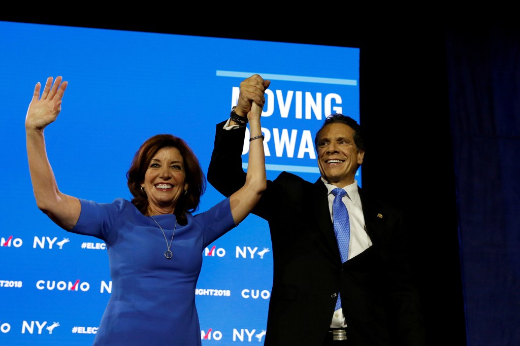 Lt. Governor Kathy Hochul and Gov. Andrew Cuomo celebrated their reelection on November 6, 2018.