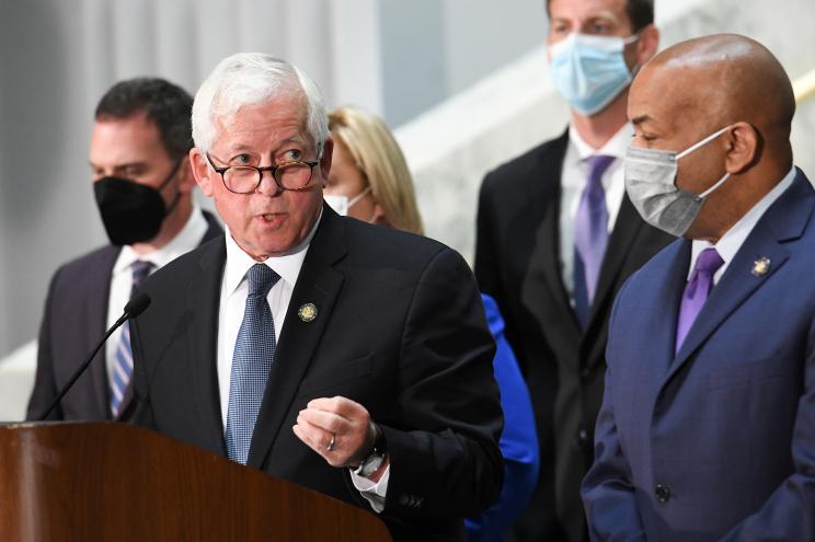 Assemblyman Charles D. Lavine, head of the Judiciary Committee, at a press conference on the investigation into Gov. Cuomo at the Legislative Office Building in Albany on August 9, 2021.