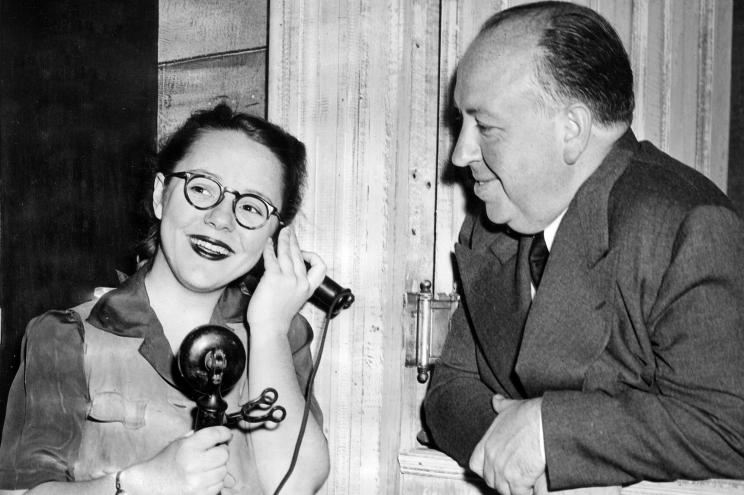 Pat Hitchcock, left, with her father, Alfred Hitchcock, after Pat's opening in the play VIOLET, Boston, October 1944