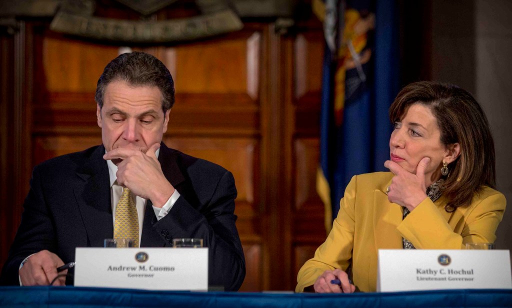 Lt. Gov. Kathy Hochul looks toward New York Gov. Andrew Cuomo.