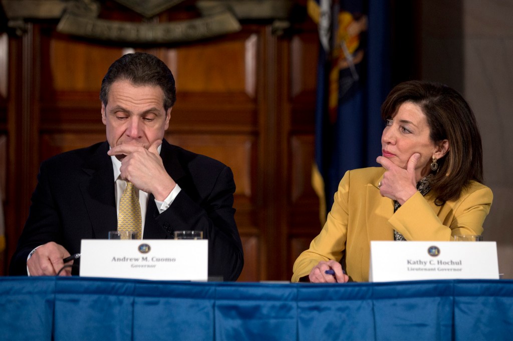 Gov. Andrew Cuomo, left, and Lt. Gov. Kathy Hochul 