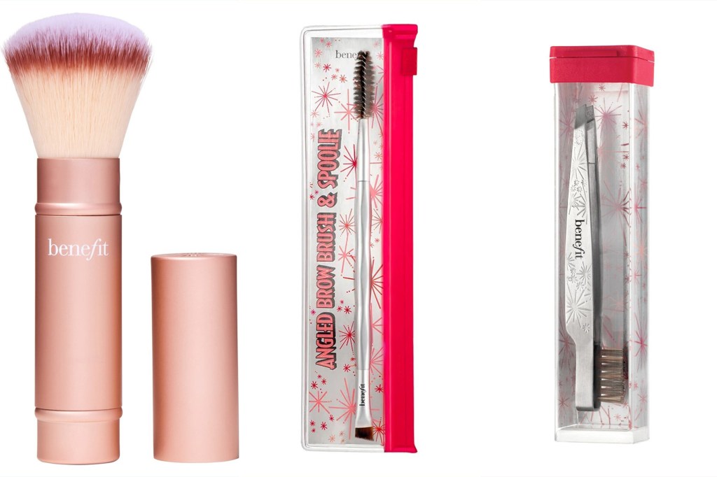 Pink blush brush, dual-ended brow brush and tweezers on a white background