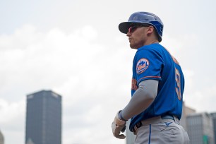 Brandon Nimmo #9 of the New York Mets in action during the game against the Pittsburgh Pirates at PNC Park on July 18, 2021 in Pittsburgh