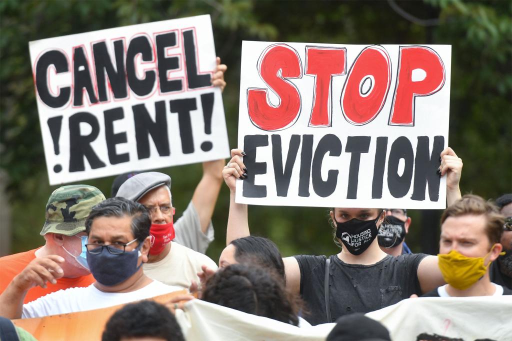 Demonstrators call for an extension of New York state's eviction ban until 2022 at Cadman Plaza Park in Brooklyn on August 19, 2021.