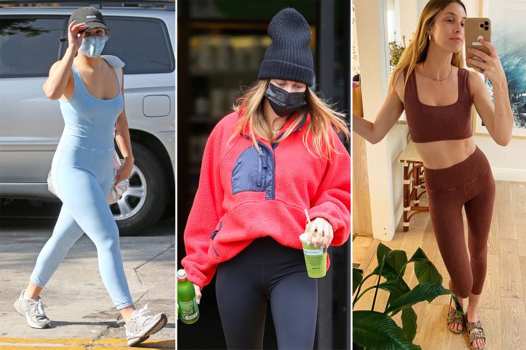 A split image of Addison Rae on the left, Hailey Bieber in the middle and Whitney Port on the right in FP Movement activewear