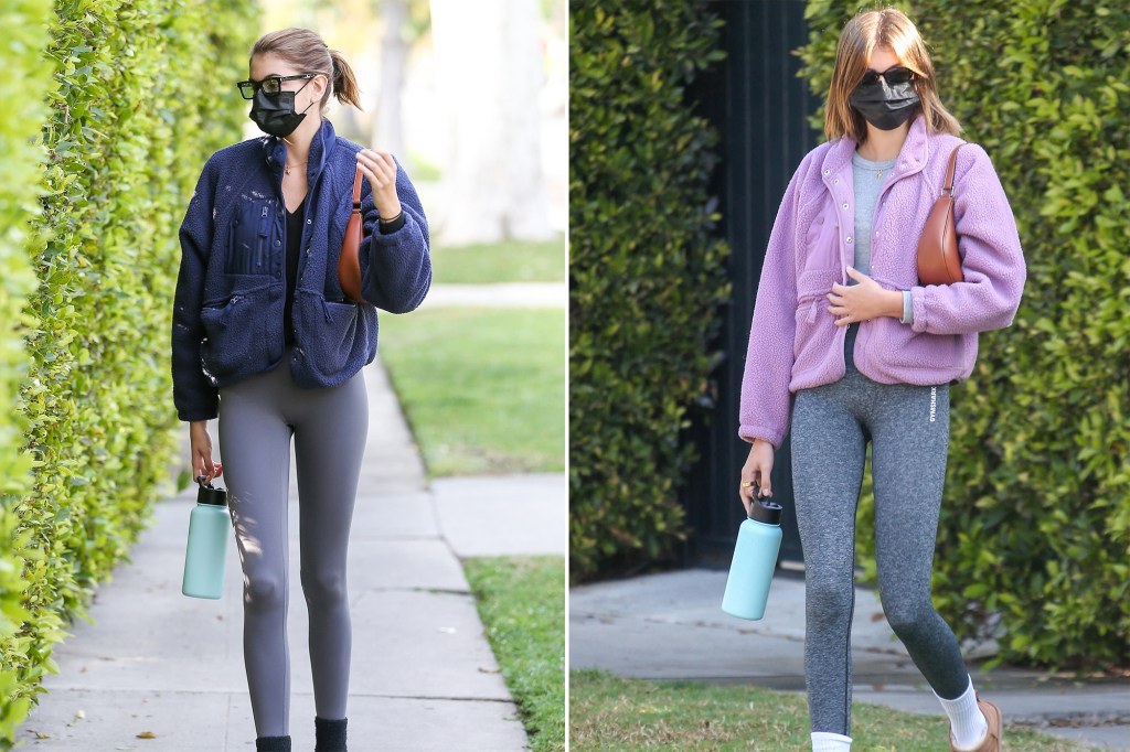 A split image of Kaia Gerber in a Free People fluffy sweatshirt, in blue on the left and purple on the right