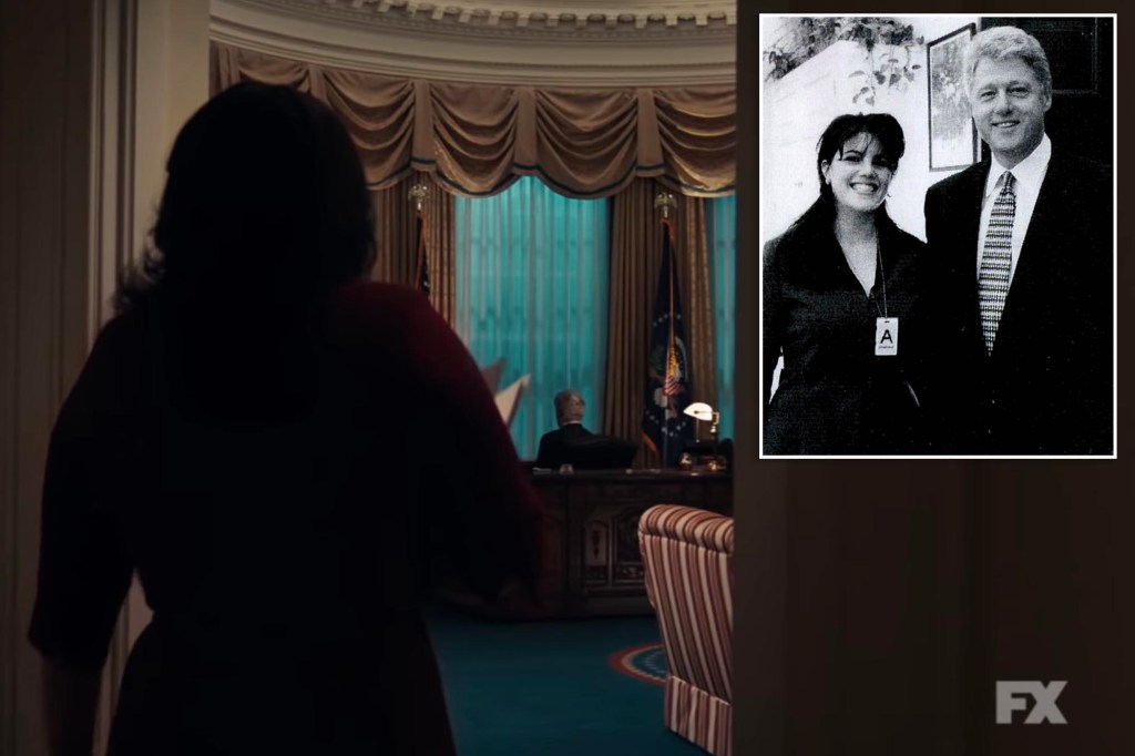 President Bill Clinton (Clive Owen) prepares to greet Monica Lewinsky (Beanie Feldstein) in the Oval Office in a scene from "Impeachment: American Crime Story." Inset: the real Lewinsky and Clinton in an undated photo.