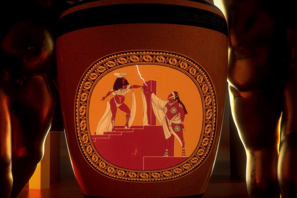 One of the many Grecian props in "Rumors," which has been analogized to the "Gospel Truth" number from the animated Disney flick "Hercules." 